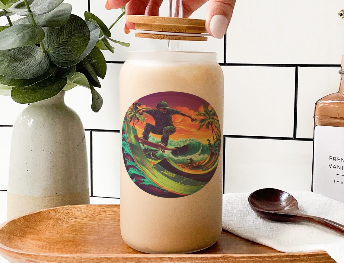 Glass Tumbler for Skateboarding Beach Enthusiasts, Durable Glass Cup