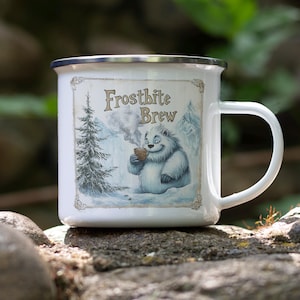 Snow Yeti Enamel Camping Mug – Cocoa by Pine Tree Tin Cup, Winter Outdoors Gift, Cute Sasquatch Coffee Mug