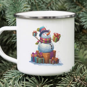 Happy Snowman Tin Mug with Presents – Enamel Camping Mug, Holiday Hot Cocoa Cup, Christmas Gift for Camper or Coffee Lover