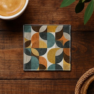 May include: Square glass coaster with a retro geometric pattern in shades of teal, orange, yellow, and brown. The coaster is on a dark wood surface, with a cup of coffee and greenery in the background.