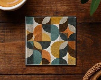 Mid-Century Modern Geometric Glass Coaster – Mustard, Teal & Burnt Orange Retro Drinkware Decor