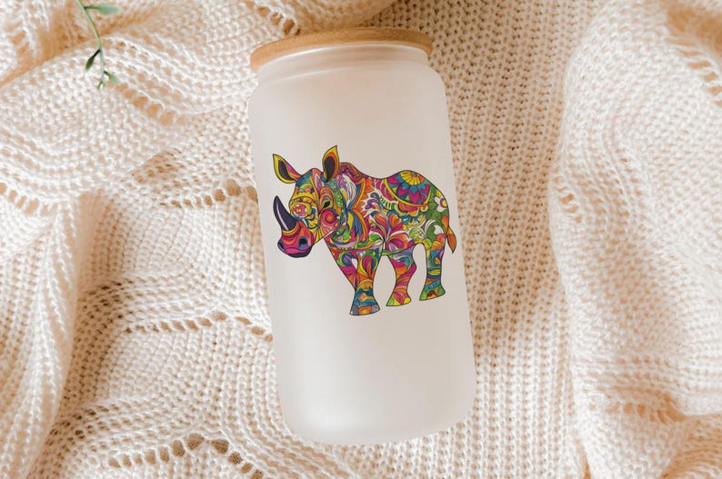 a white can with a picture of a rhino on it