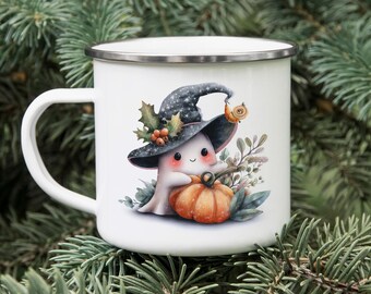 Ghost Witch Enamel Mug – Spooky Halloween Coffee, Camping Cup