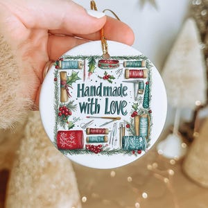 Sewing Tools Ceramic Christmas Ornament, Holly Accents