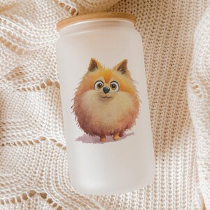 Cartoon Pomeranian Glass Tumbler – Watercolor Impasto Dog Art Cup, Cute Pet Lover Gift, Hand-Painted Style Drinkware