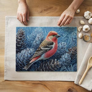 Pine Grosbeak Tempered Glass Cutting Board - Winter Bird Kitchen Decor