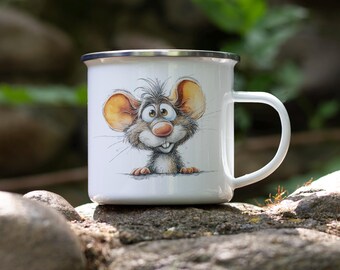 Cartoon Mouse Enamel Camping Mug: Watercolor Art Coffee Cup