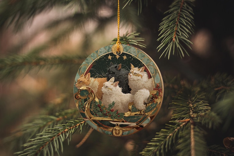 A decorative ornament hanging from a tree branch, featuring a group of cats in a festive setting.