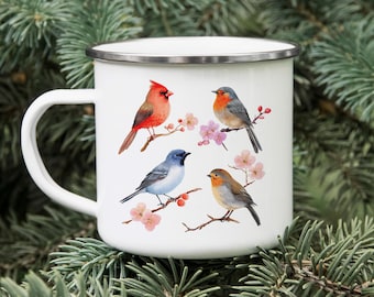 Four Birds Enamel Camping Mug: Nature Lover Gift