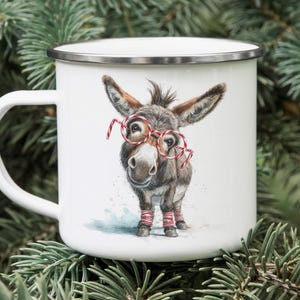 Funny Donkey Camping Mug – Elf Shoes & Candy Cane Glasses – Christmas Tin Enamel Mug – Cute Holiday Coffee Cup Gift