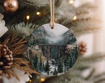 Rustic Train Trestle Ornament, Snowy Gorge, Pine Forest Winter Scene