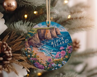 Block Island Coastal Bluffs Ceramic Ornament – Waves Crashing, Wildflowers, Sandy Path Scenic Beach Decor