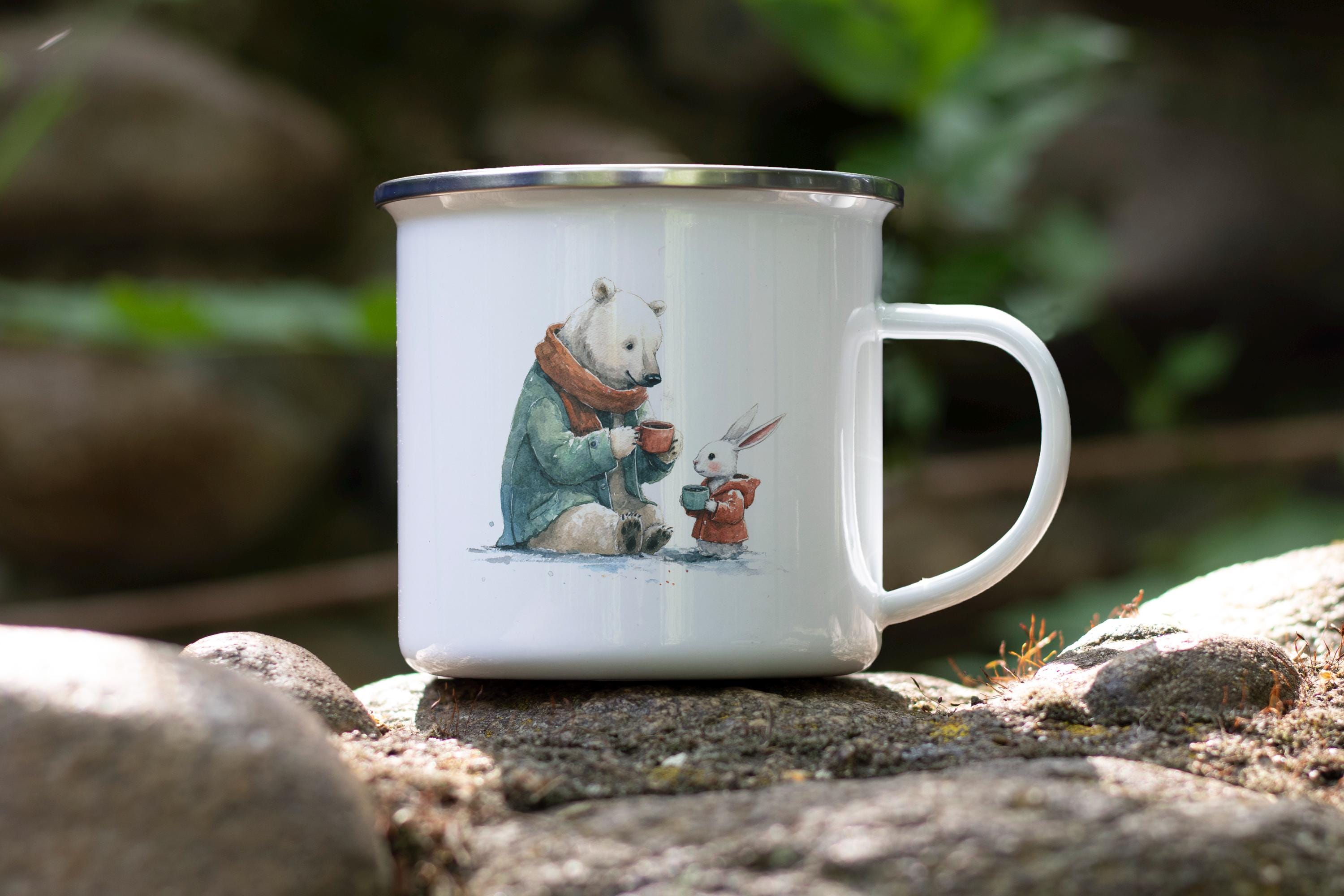 Cute Bear and Rabbit Hot Cocoa Camping Mug – Enamel Tin Mug for Outdoors, Cozy Woodland Animal Campfire Cup