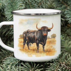 Spanish Bull Watercolor Enamel Camping Mug – Realistic Tin Mug for Outdoors, Rustic Animal Art Drinkware Gift