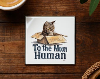 Funny Cat in Spaceship Glass Coaster – Sci-Fi Kitty Home Decor