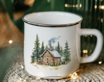 Log Cabin Watercolor Enamel Mug: Pines Design, Outdoor Drinkware