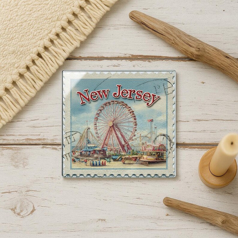 A framed postcard depicting a ferris wheel and amusement park rides, with the text "New Jersey" prominently displayed.