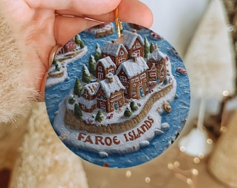 Gingerbread Cottage Snowy Village Ornament – Faroe Islands Ceramic Christmas Decor, Festive Holiday Keepsake Gift