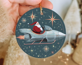 Retro Space Age Santa Ornament: Ceramic Rocket Sleigh Christmas Decor
