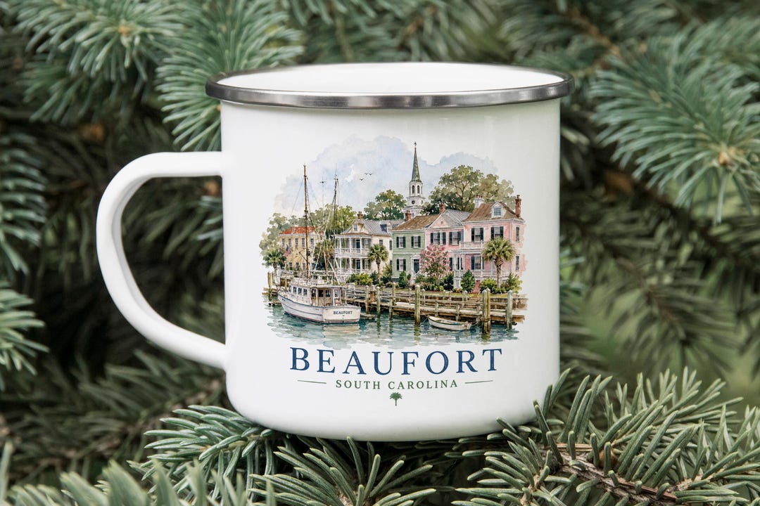 Beaufort SC Waterfront Enamel Camping Mug, Coastal Harbor Scene ...