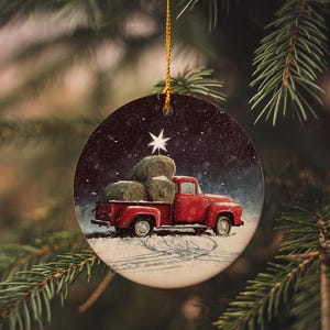 Vintage Red Truck Christmas Ornament: Ceramic Farmhouse Tree Decoration