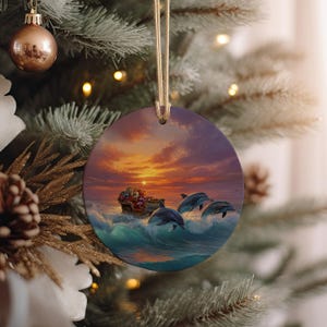 Dolphin Sleigh Ride Ornament – Ocean Sunset Ceramic Christmas Decoration with Dolphins Pulling Gift-Filled Sleigh