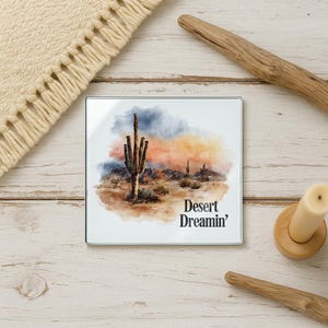 Desert Cactus Glass Coaster – Saguaro Landscape with Orange Sunset Sky, Southwestern Boho Home Decor Gift