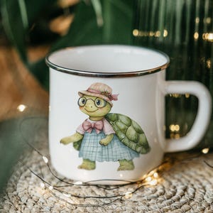Watercolor Grandma Turtle Enamel Camping Mug – Cute Tin Coffee Mug Gift for Outdoors, Nature Lover, Turtle Fan