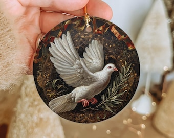 Dove with Olive Branch Ceramic Ornament: Peace Symbol Holiday Decoration