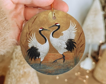 Crane Courtship Dance Ceramic Ornament: Elegant Bird Art