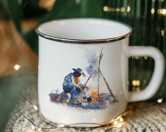 Cowboy Campfire Enamel Mug: Western Coffee Cup, Outdoors Gift