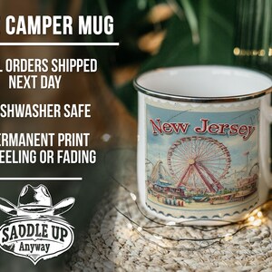 a coffee mug with a picture of a ferris wheel on it