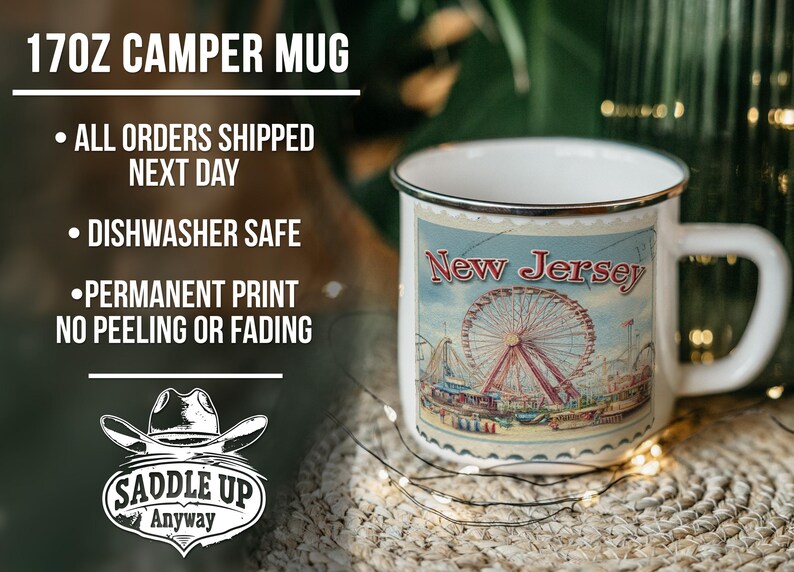a coffee mug with a picture of a ferris wheel on it