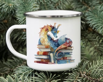 Dragon Book Lover Enamel Camping Mug – Bookish Fantasy Gift