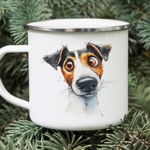 Cartoon Jack Russell Terrier Tin Camping Mug – Watercolor Impasto Dog Art Enamel Cup, Cute Pet Lover Gift