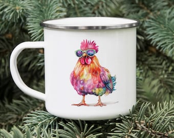Funny Disco Chicken Enamel Camping Mug: Retro Farm Animal Gift