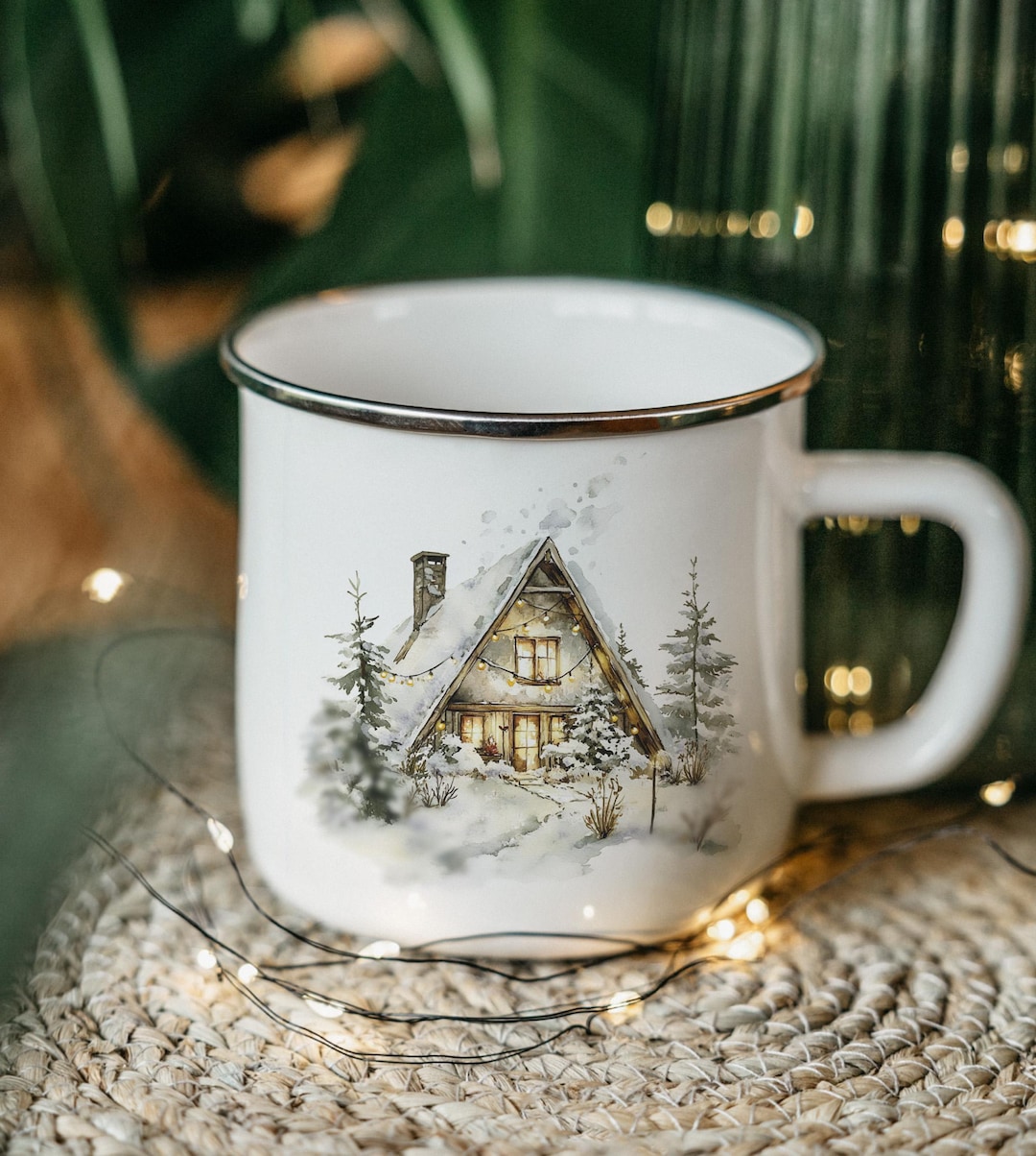 Christmas Cabin Enamel Mug: Snowy Forest Camping Cup - Etsy