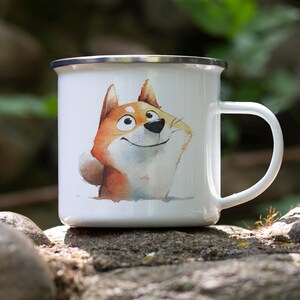 Cartoon Shiba Inu Enamel Camping Mug – Watercolor Impasto Dog Art Tin Mug – Cute Gift for Dog Lovers, Outdoor Coffee Cup