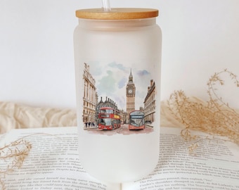 London Street Scene Glass Tumbler: Red Bus & Big Ben Travel Art