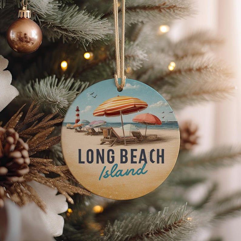 Long Beach Island Ceramic Ornament – Golden Sand, Striped Umbrellas & Distant Lighthouse Coastal Beach Decor