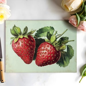 Vintage Strawberry Glass Cutting Board – Botanical Kitchen Decor, Fruit Serving Tray, Retro Countertop Protector