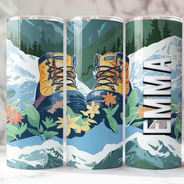 Personalized Metal Tumbler, Hiking Boots, Mountain Views, Outdoor Enthusiasts, Adventure Gear
