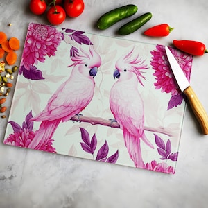 Pink Cockatoo Cutting Board: Tempered Glass Floral Kitchen Decor