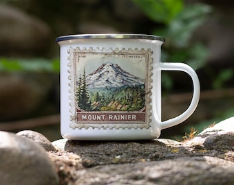 Vintage Mount Rainier Enamel Camping Mug: National Park Tin Cup