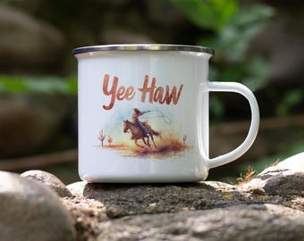 Cowgirl Lassoing Sun Enamel Mug: Retro Western Coffee Cup
