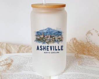 Asheville North Carolina Glass Tumbler, Blue Ridge Mountains Skyline, Historic Downtown Architecture Souvenir Drinkware