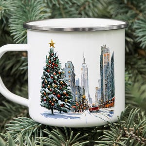 New York Christmas Watercolor Tin Mug, Camping Enamel Cup, Unique Holiday Drinkware