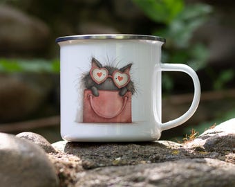 Cat in Purse Enamel Camping Mug – Heart Glasses Kitty, Funny Cat Lover Gift