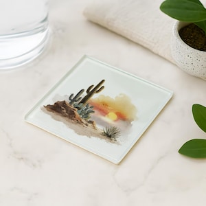 Desert Sunset Glass Coaster with Cacti & Tumbleweeds – Southwest Decor, Nature Scene Drink Coaster, Boho Table Accent