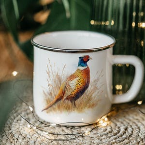 Pheasant Enamel Camping Mug: Rustic Wildlife Tin Cup, Outdoors Gift